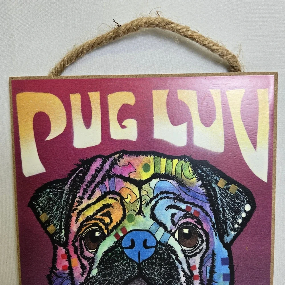 Dean Russo Pug Luv Dog Art Hanging Wall Decor Wooden Sign 10.5